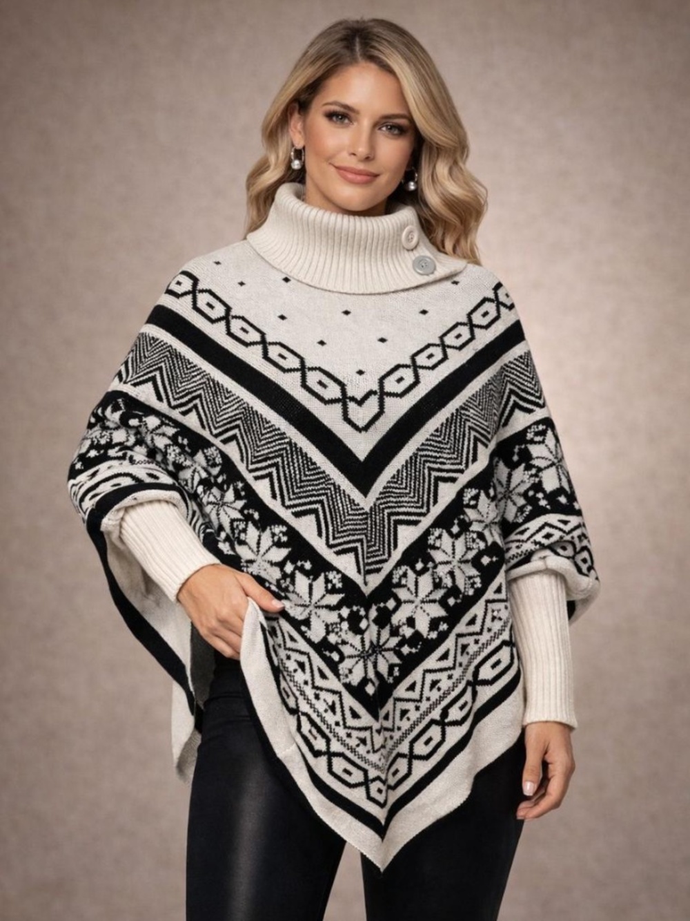 Fair Isle Monochrome Turtleneck Knit Poncho Sweater